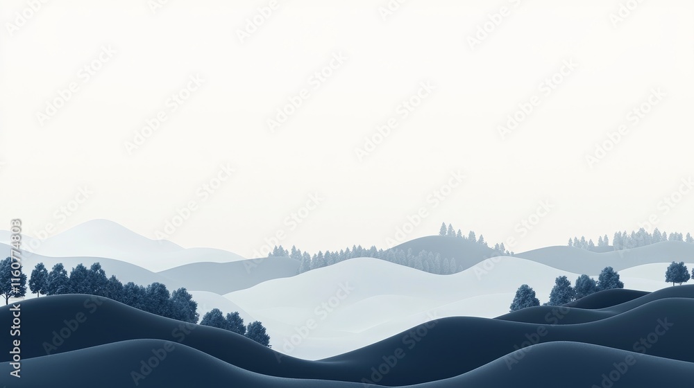 Poster a serene landscape featuring layered hills and stylized trees in muted tones, creating a tranquil an