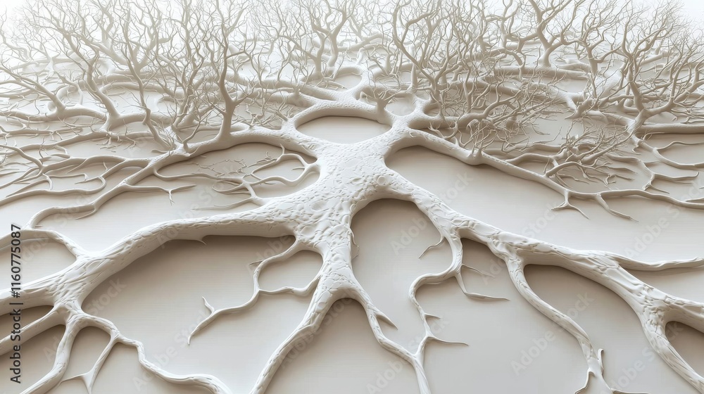 Aufkleber an intricate, abstract network resembling tree branches or neural pathways, showcasing a textured, o