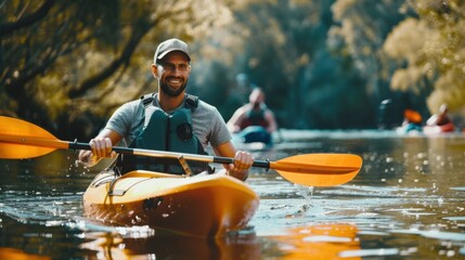 A vibrant photo of a kayaking instructor guiding beginners through a gentle river, with safety gear and smiles emphasizing the fun and approachable experience