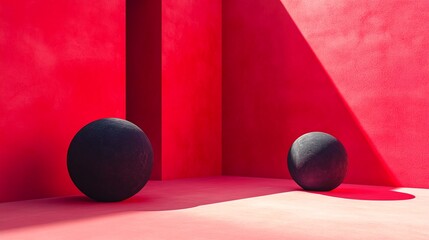 Abstract Sculptures of Two Black Spheres on Red Stage.