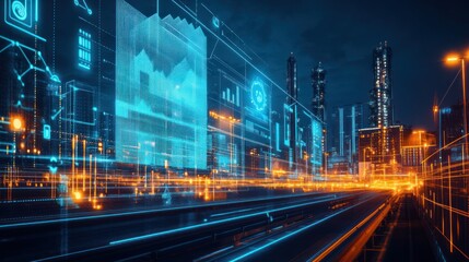 Futuristic city with digital overlay showing data streams and smart technology.
