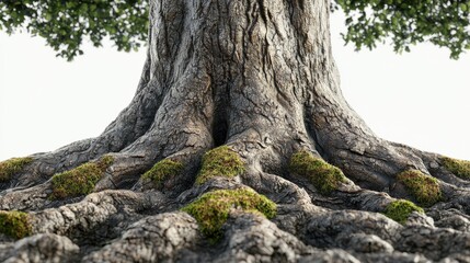 A close-up view of a tree trunk with textured roots and patches of moss, showcasing natural beauty and intricate details.