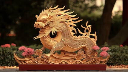 Obraz premium A golden dragon sculpture with intricate details, set against lush greenery, exuding strength and elegance.
