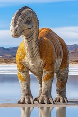 Fototapeta premium A colorful dinosaur stands in a reflective landscape under a clear blue sky.
