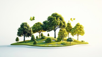 A serene, stylized island landscape featuring various trees and greenery, symbolizing nature and tranquility.