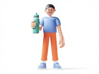 3D human character holding a water bottle with a smile on a white background