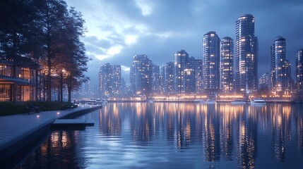 Obraz premium Vancouver Coastal Cityscape at Night: A Serene and Modern Urban Landscape.