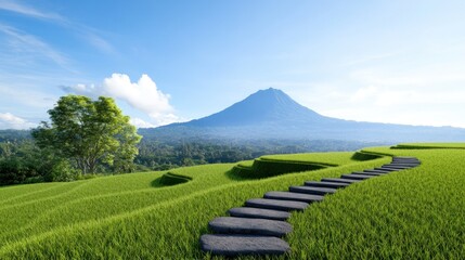 Obraz premium Scenic landscape with rice terraces and a volcano in the background.