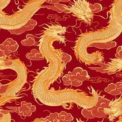 Fototapeta premium golden dragon on red seamless background