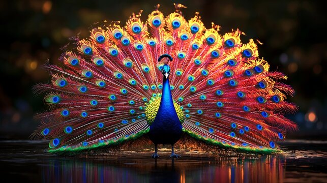 A vibrant peacock displays its stunning multicolored feathers, showcasing a mesmerizing array of patterns and colors against a blurred background.