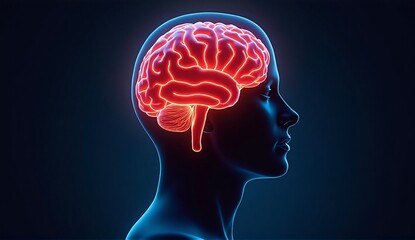 Obraz premium Human brain showing in red glowing anatomy.