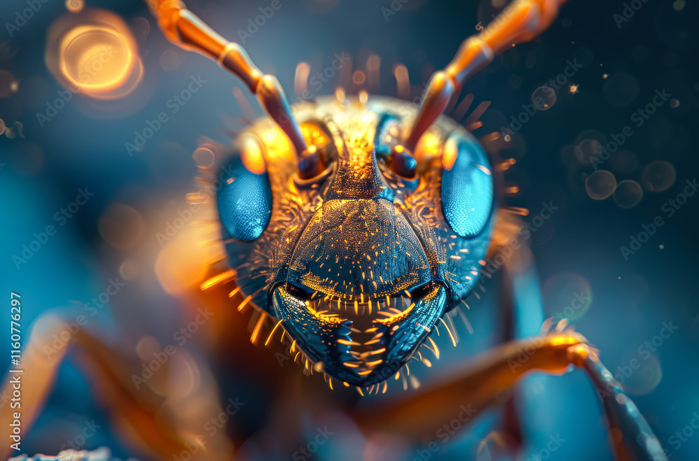 Poster close up of a bug's face with a blue tint. the bug's eyes are open and it is looking at the camera