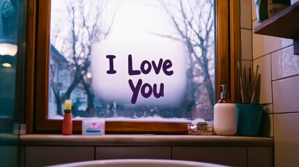 A warm message of love is written on a foggy window, surrounded by a cozy indoor setting with nature in the background.