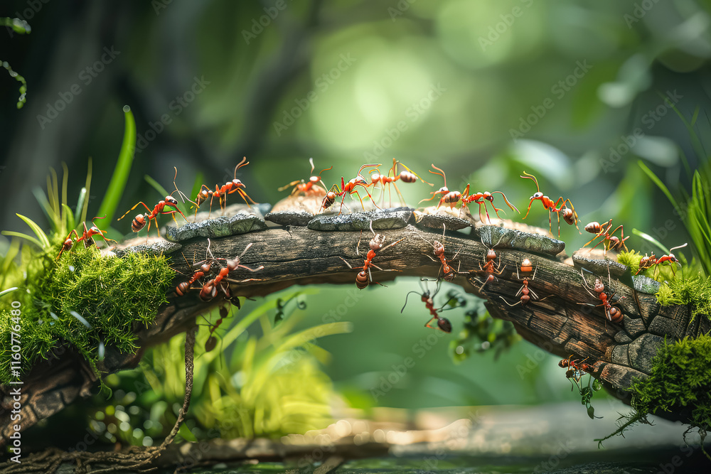Poster group of ants are crossing a bridge made of leaves and twigs. the bridge is covered in moss and the 