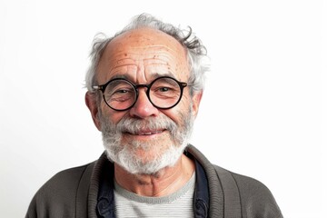 Obraz premium A warm and cheerful elderly man with glasses, smiling gently, white isolated background highlighting his kind personality