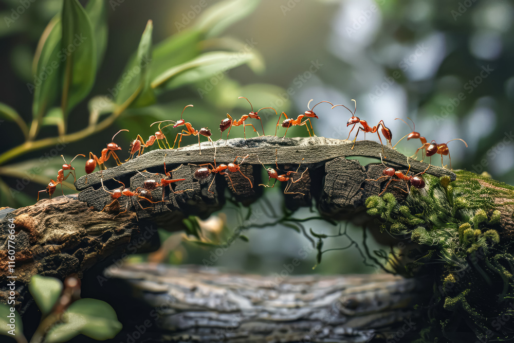 Poster group of ants are walking across a bridge. the bridge is made of wood and has a few cracks. the ants