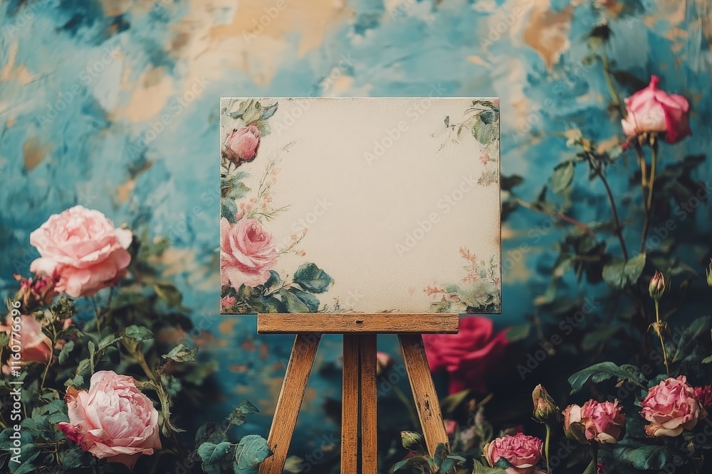Poster beautiful floral display with an easel and empty canvas in a garden setting during daytime