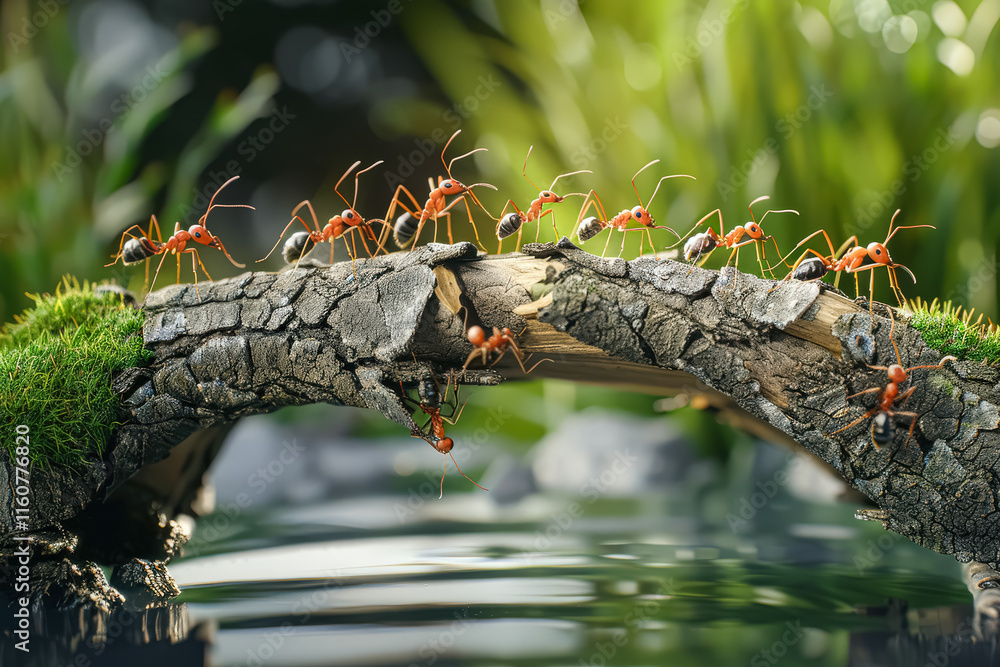 Poster group of ants are walking across a bridge. the bridge is made of wood and has a few cracks. the ants