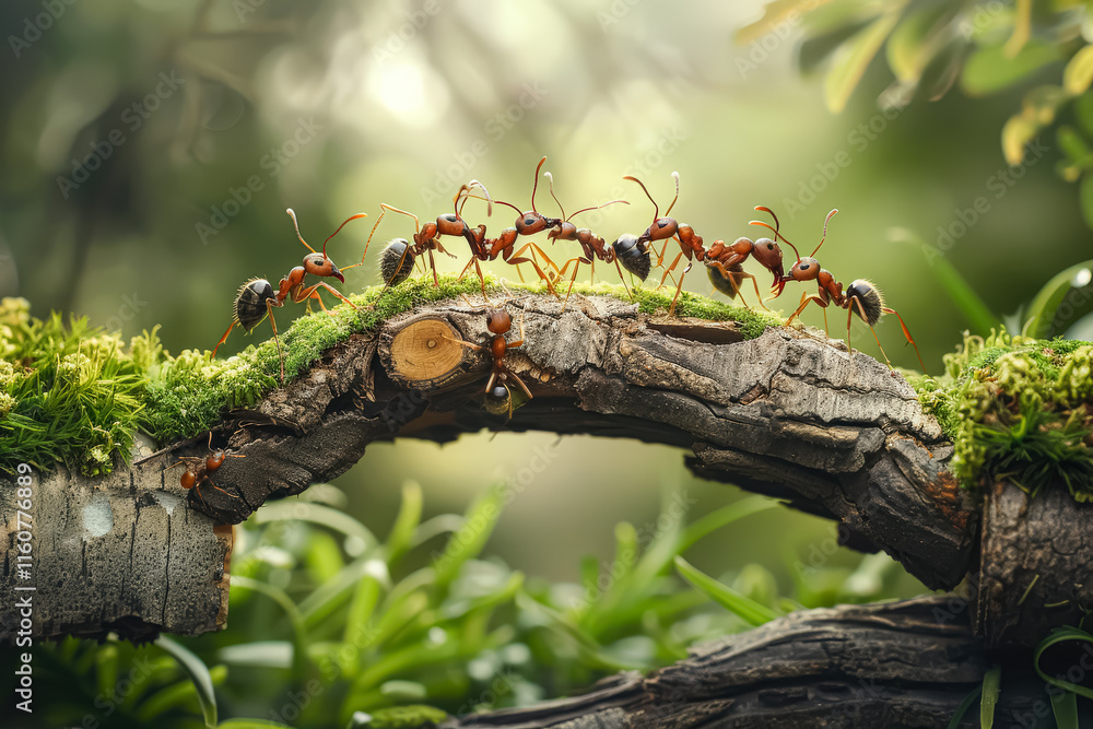 Poster group of ants are walking across a bridge. the bridge is made of wood and has a few cracks. the ants