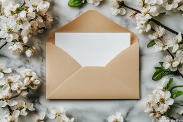 Beautiful spring envelope surrounded by delicate white blossoms on a marble surface