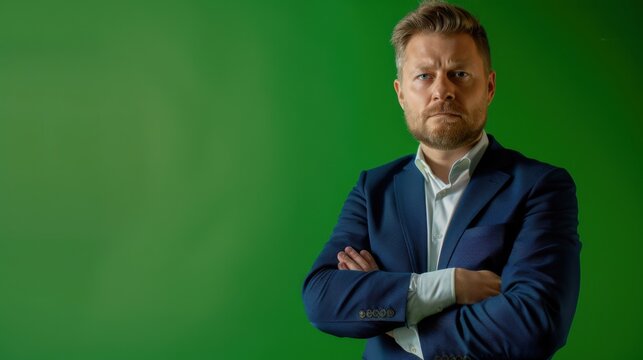 A worker with crossed arms and a professional demeanor, staring confidently at the camera against a bold green screen backdrop, showcasing authority and expertise