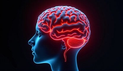 Obraz premium Human brain showing in red glowing anatomy.