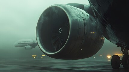 Through the Mist, Engine Ready: A close-up shot of a powerful jet engine, shrouded in mist, ready to take flight.