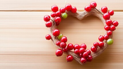 Obraz premium A heart-shaped wreath adorned with red berries and green accents, set against a wooden background, evoking a warm and festive atmosphere.