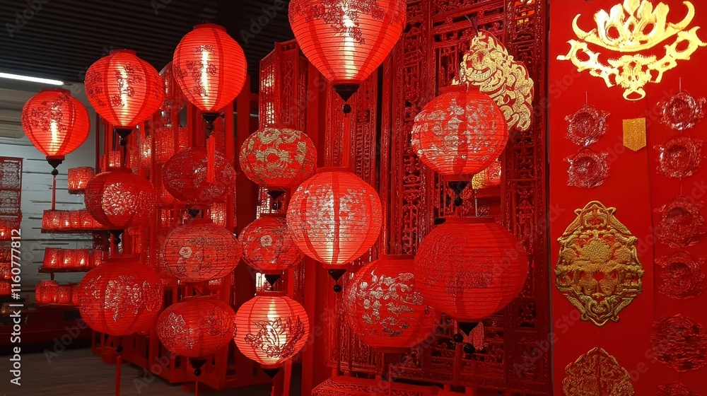 Poster red lanterns hang against a vibrant backdrop, creating a festive atmosphere, often associated with c
