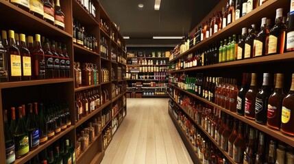 Liquor Store Aisle: A captivating perspective down a well-stocked liquor store aisle, showcasing an array of spirits, wines, and other beverages.