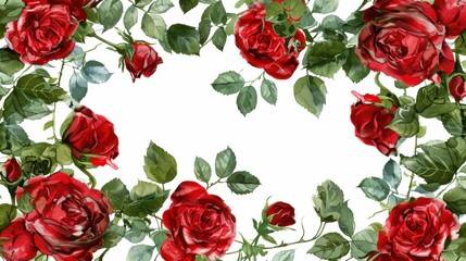 An artistic composition of red roses and green leaves, forming a natural border with a free central space, versatile for various decorations