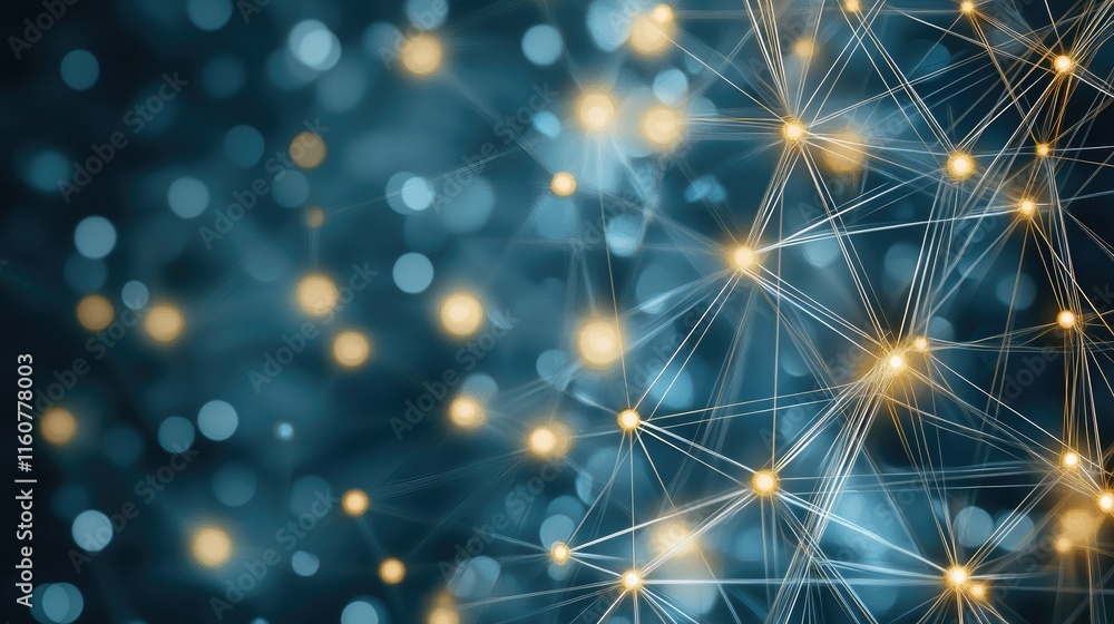 Poster abstract blue background with glowing lines and dots illustrates a complex network design for tech p