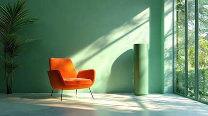 A serene and modern living room with green walls and an orange chair.