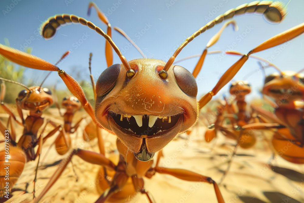 Poster cartoonish image of a group of ants with one of them having its mouth open and teeth showing
