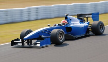 A blue race car is speeding down a track
