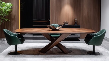 Dining Room with Oval Table and Four Green Chairs.