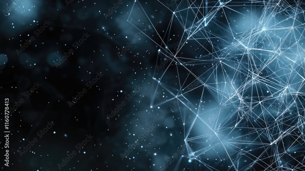 Poster abstract blue background with glowing lines and dots illustrates a complex network design for tech p