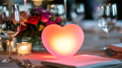 A romantic dining setting featuring a glowing heart-shaped centerpiece, elegant glassware, and floral arrangements.