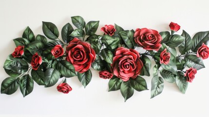 An exquisite arrangement of vibrant red roses and fresh green leaves, set against a white background, perfect for celebrations or decorative purposes