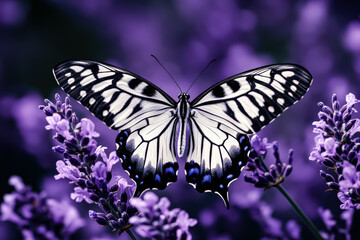 Fototapeta premium Butterfly is sitting on a purple flower. The butterfly is black and white