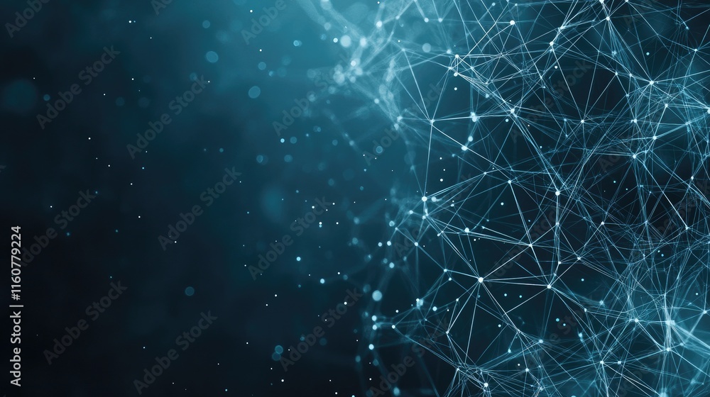 Poster abstract blue background with glowing lines and dots illustrates a complex network design for tech p