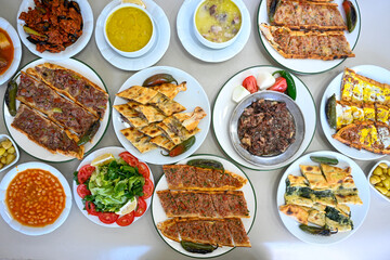 Kiymali pide. Turkish pide with minced meat. Turkish pizza mince pita Pide on white background. Etli ekmek. Kusbasi kasarli, kiymali kasarli, kiymali yumurtali, Bafra, Trabzon, Kusbasili pide.