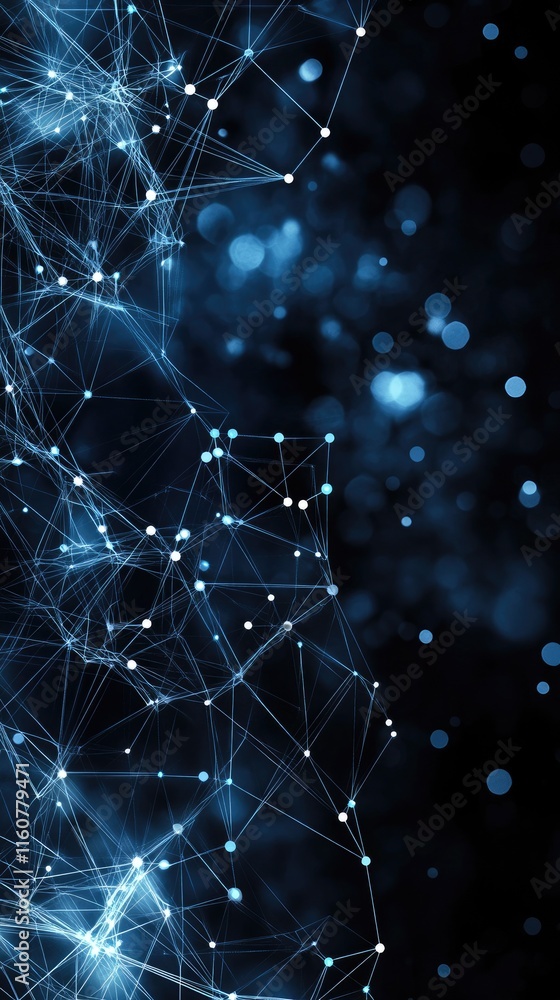 Poster abstract blue background with glowing lines and dots illustrates a complex network design for tech p