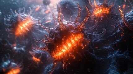 a vibrant and dynamic scene of glowing orange orbs amidst twisted black lava rocks.