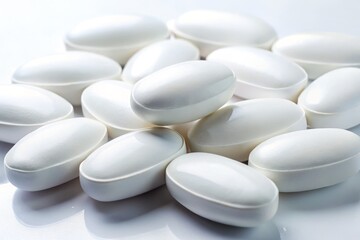 Fototapeta premium Oval White Pills: Close-Up Stack of Smooth Medicine Tablets for Health & Wellness