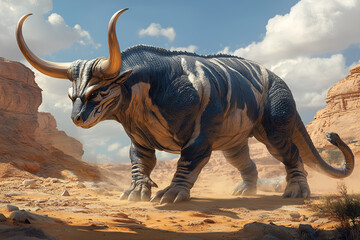 Fototapeta premium Scene of a powerful bull with massive horns made from a combination of a lizard and a bull