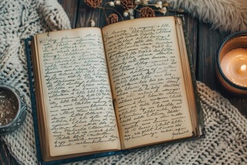 Obraz premium An open journal displayed on a flat surface, its pages filled with handwritten reflections and affirmations, surrounded by a calming ambiance, symbolizing a mental wellness journey