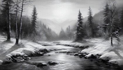 Winter landscape in the fog with sunrise and a mountain stream in oil paint style black and white