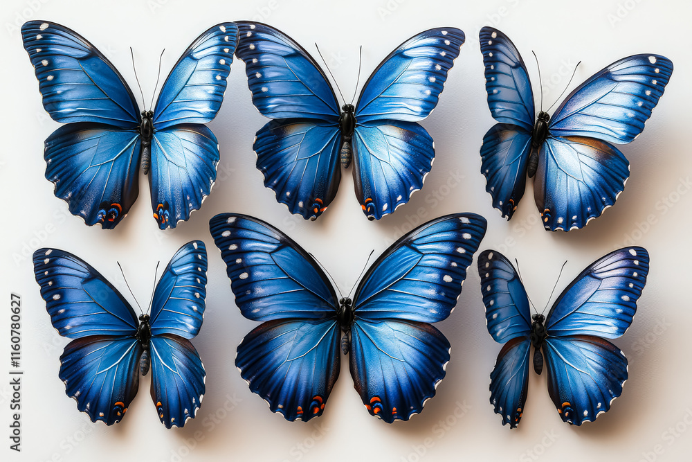Poster group of six blue butterflies are displayed on a white background. the butterflies are all different
