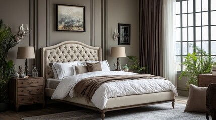 Fototapeta premium A modern bedroom with a large bed and two nightstands.